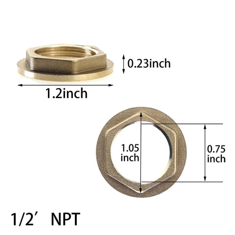 Rock Solid Pro Grade Brass Lock Nuts For Pipe Fittings 4 Pack 1/2 Inch Npt Female Hex Flange Nuts With Sealing Washers side view with dimensions
