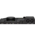 Front view of Six-Channel DSP Powered USB Audio Interface with inputs, outputs, and controls visible for studio connectivity.