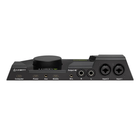 Front view of Six-Channel DSP Powered USB Audio Interface with inputs, outputs, and controls visible for studio connectivity.
