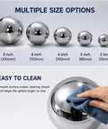 Top Shelf 120Mm 304 Stainless Steel Hollow Sphere With Clean Mirror Polish Finish Perfect For Welding Fabrication Diy Crafts And Railing Hardware Rust Proof Metal Ball showcased in various sizes and easy cleaning demonstration.
