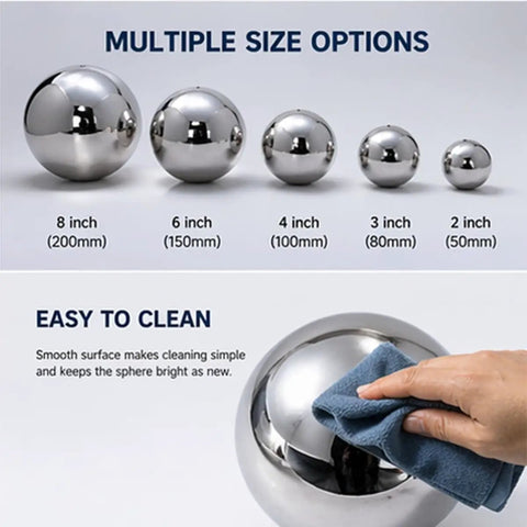 Sleek 304 Stainless Steel Hollow Sphere Ball, Polished Metal Globe For Top Shelf Welding Fabrication and Heavy Hitting DIY Crafts, showing various sizes.