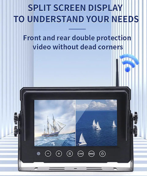 Heavy Duty Wireless 7 Inch Monitor Forklift Front View Camera With Bold Magnetic Mount And Massive 9600 Mah Power Bank showing split screen display.