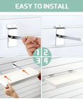 4 Pack Wooden Slatwall Shelves With 8 Metal Hooks Built To Last And Garage Ready For Quick Setup shown in installation steps.