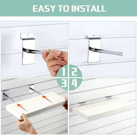 4 Pack Wooden Slatwall Shelves With 8 Metal Hooks Built To Last And Garage Ready For Quick Setup shown in installation steps.