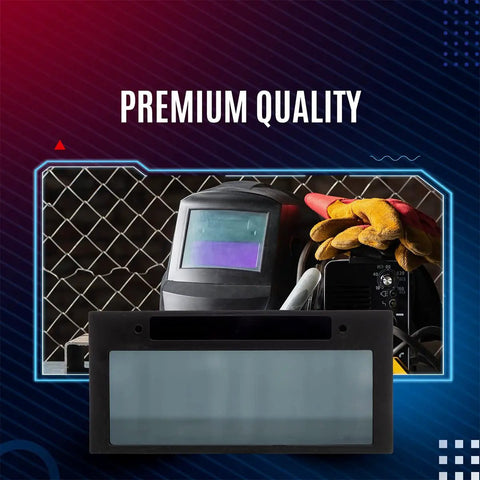 Auto Darkening Welding Lens 2x4 Shade 9 with High Definition Clarity in front of helmet, gloves, and equipment