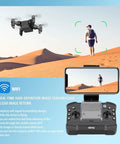 Dope Mini 4K Drone With Foldable Design flying over dunes with remote control and smartphone showing real-time FPV transmission