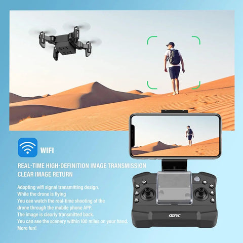 Dope Mini 4K Drone With Foldable Design flying over dunes with remote control and smartphone showing real-time FPV transmission