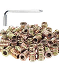 Twenty Pack M4x10mm Threaded Inserts For Wood, Tough As Nails Carbon Steel Screw In Furniture Nuts With Hex Wrench For Cabinet DIY Fixes And Gritty Rust Proof Assembly next to Allen wrench.