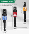 Heavy Duty Impact Socket Adapter Set Three Piece 1/4 Inch 3/8 Inch 1/2 Inch With Extension Bit And Holder For Power Drill And High Torque Impact Wrench Built From Chrome Vanadium Steel, showing color-coded sockets with measurements