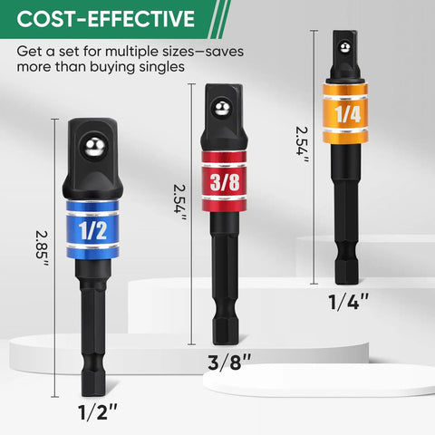 Heavy Duty Impact Socket Adapter Set Three Piece 1/4 Inch 3/8 Inch 1/2 Inch With Extension Bit And Holder For Power Drill And High Torque Impact Wrench Built From Chrome Vanadium Steel, showing color-coded sockets with measurements