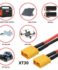 XT30 Power Connector Male To Male 18AWG Extension Cable, red and black cables ending in gold-plated connectors for RC and solar setup
