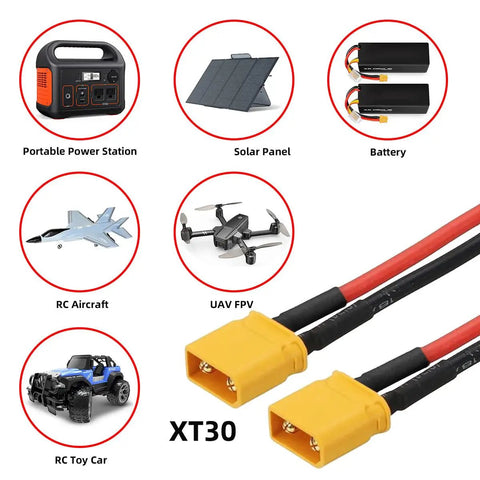 XT30 Power Connector Male To Male 18AWG Extension Cable, red and black cables ending in gold-plated connectors for RC and solar setup