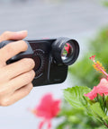 Phone Macro Lens With 10x Optical Magnification And 75mm Focal, 17mm Thread in use for close-up of hibiscus flower