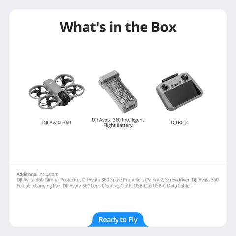 What's in the box: 360 Degree FPV Drone With 1 Inch 8K 360 Imaging, Prop Guard, And RC 2 Built In Screen Remote components.