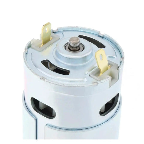 895 High Torque DC Motor Equipped With Dual Ball Bearings Running On 12V Or 24V Pulling 3000 To 6000 Rpm top view detailing connections.