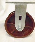 Heavy Duty 6 X 2 Inch Swivel Caster Set With Brake And Rigid Duo Featuring Seven Eighths Inch V Groove Ductile Steel Wheels, showing a single wheel.