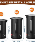 Heavy Duty Stainless Steel Coffee Urn Holds 120 Cups Keeps Your Crew Piping Hot With Double Wall Insulation, sizes 12L, 14L, and 18L shown.