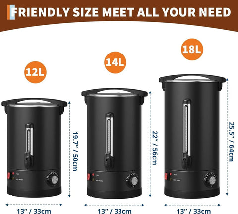 Heavy Duty Stainless Steel Coffee Urn Holds 120 Cups Keeps Your Crew Piping Hot With Double Wall Insulation, sizes 12L, 14L, and 18L shown.