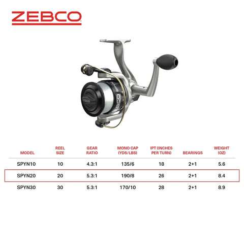 Spyn Spinning Fishing Reel Size 20 with aluminum spool and titanium nitride bail wire, silver and black finish, Zebco model table
