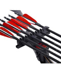 Close-up of arrows in Four to Six Arrow Quiver for Recurve Bow with Brown Leather Arrow Holder, showing red fletchings and holder.