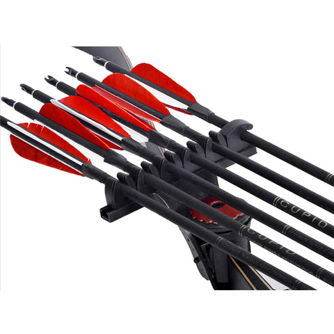 Close-up of arrows in Four to Six Arrow Quiver for Recurve Bow with Brown Leather Arrow Holder, showing red fletchings and holder.