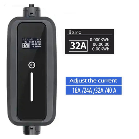 Level 2 EV Charger Station with 40A Adjustable Output, 9 kW, 110 to 240V; display shows 32A setting with IP67 housing