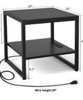 Black end table with charging station, 20 inches wide, 2 AC outlets, 3 USB ports, 59 inch cord, for living room dope setup.