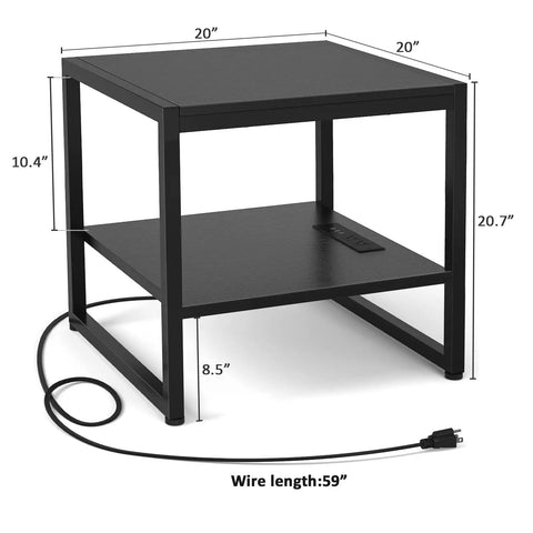 Black end table with charging station, 20 inches wide, 2 AC outlets, 3 USB ports, 59 inch cord, for living room dope setup.