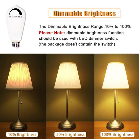 ST64 Vintage LED Bulbs 6W 60W Equivalent, 2700K Warm White, dimmable brightness range 10% to 100% shown on a lamp