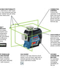 Boss Class 12V Max Three Plane Green Beam Laser Level showing features and functional details, ideal for contractors and crews.
