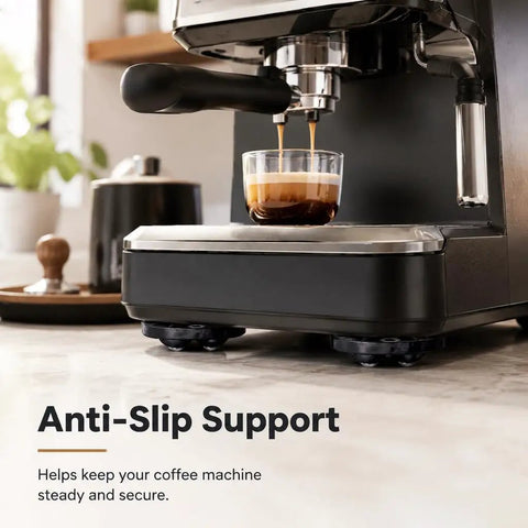 Zero Grunt Work Appliance Sliders With 8 Heavy Duty Self Adhesive Casters And 16 Extra Pads For Super Smooth 360 Degree Swivel Movement Of Coffee Makers, featuring coffee maker on a stable surface.