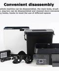 No Sweat Automatic Portafilter Cleaner And Knock Box For 58mm Espresso Filter Holders showing disassembled components including boxes and hooks.