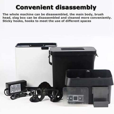 No Sweat Automatic Portafilter Cleaner And Knock Box For 58mm Espresso Filter Holders showing disassembled components including boxes and hooks.
