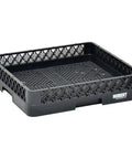 Heavy Duty Black Plastic Flatware Dishwashing Rack With Slick Mesh Bottom And Open Frame For Fast Airflow In Commercial Kitchens