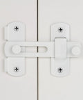 Tough As Nails 2 Pack White Stainless Steel Barn Door Latch With Heavy Duty Bi Fold Door Lock Hardware For Rust Resistant Farmhouse Gate Sliding Doors close-up view of white latch mounted on door.