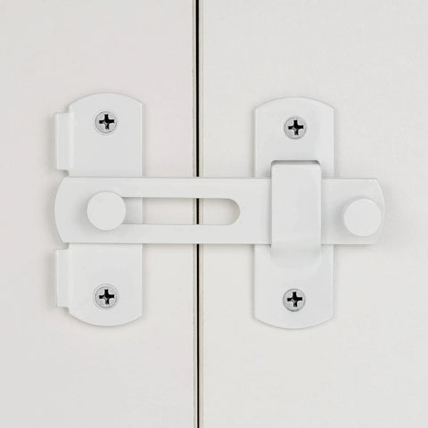 Tough As Nails 2 Pack White Stainless Steel Barn Door Latch With Heavy Duty Bi Fold Door Lock Hardware For Rust Resistant Farmhouse Gate Sliding Doors close-up view of white latch mounted on door.