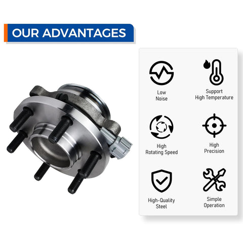 Front Wheel Hub Bearing Assembly 6 Lug With ABS For 2005-2023 Nissan Frontier and more, shown with key features icons.