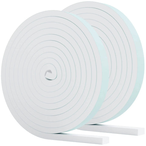 Tough As Nails Weather Stripping Tape For Doors And Windows High Density Foam Insulation Seal in two rolls, white color.