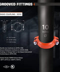 10 Inch Grooved Rigid Coupling Heavy Duty Ductile Iron Pipe Fitting features detailed dimensions and bright orange finish for plumbing setup.