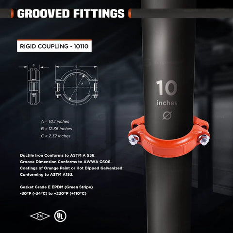 10 Inch Grooved Rigid Coupling Heavy Duty Ductile Iron Pipe Fitting features detailed dimensions and bright orange finish for plumbing setup.