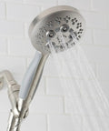 Rio Handheld Shower Head With 5 Sprays And 2.5 GPM Flow In Brushed Nickel, Modern Detachable Design Streaming Water