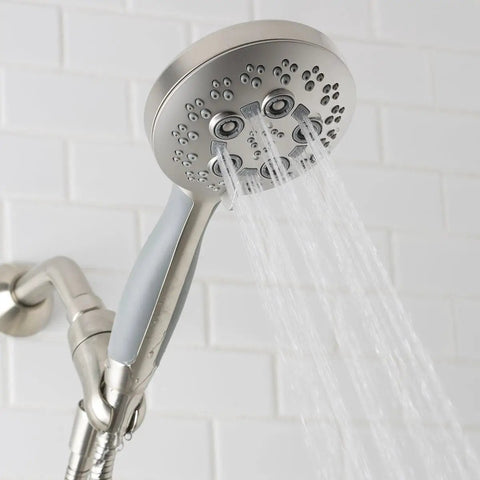 Rio Handheld Shower Head With 5 Sprays And 2.5 GPM Flow In Brushed Nickel, Modern Detachable Design Streaming Water