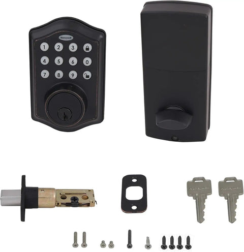 Keyless Entry Door Lock With Smart Electronic Keypad Deadbolt In Oil Rubbed Bronze, components shown including keys and screws.