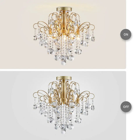 Crystal Chandelier Flush Mount Ceiling Light With Sparkling Glass Crystals Glam Gold Finish Modern Fixture On and Off