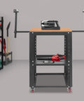 Rolling Planer Stand And Miter Saw Workbench With Adjustable Height Rock Solid Wood Platform Built Tough For Heavy Duty Shop Tasks And Bench Top Workshop Station with tools and shelves.