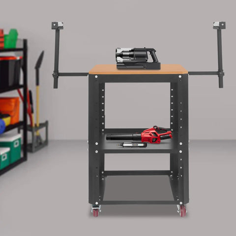 Rolling Planer Stand And Miter Saw Workbench With Adjustable Height Rock Solid Wood Platform Built Tough For Heavy Duty Shop Tasks And Bench Top Workshop Station with tools and shelves.