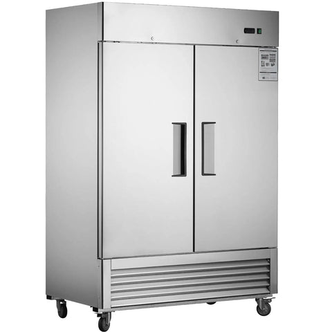 54 Inch Wide Two Door Commercial Stainless Steel Freezer 42.2 Cu Ft Upright Cold Storage with wheels for easy mobility.