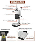 Diagram of Leather Hole Puncher Kit Hand Punching Machine Manual Press with features labeled, including aluminum plate and drill chuck.