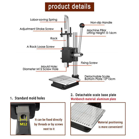 Diagram of Leather Hole Puncher Kit Hand Punching Machine Manual Press with features labeled, including aluminum plate and drill chuck.