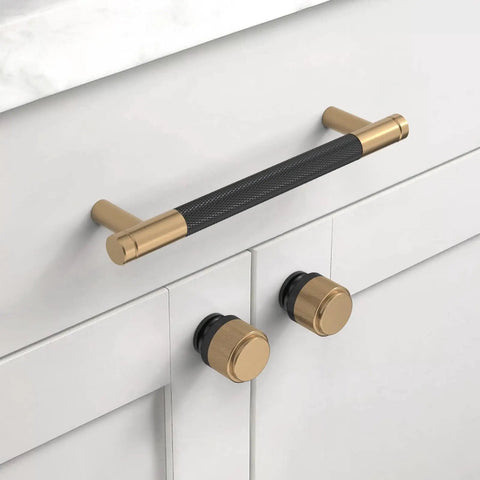 Matte black and champagne bronze knurled knobs with handle on cabinet, 6 Pack Matte Black and Champagne Bronze Knurled Cabinet Knobs for Kitchen Cabinets and Dresser Drawers Dope Zinc Hardware Rust Resistant Easy Install Durable Pull Handles for Modern Furniture.